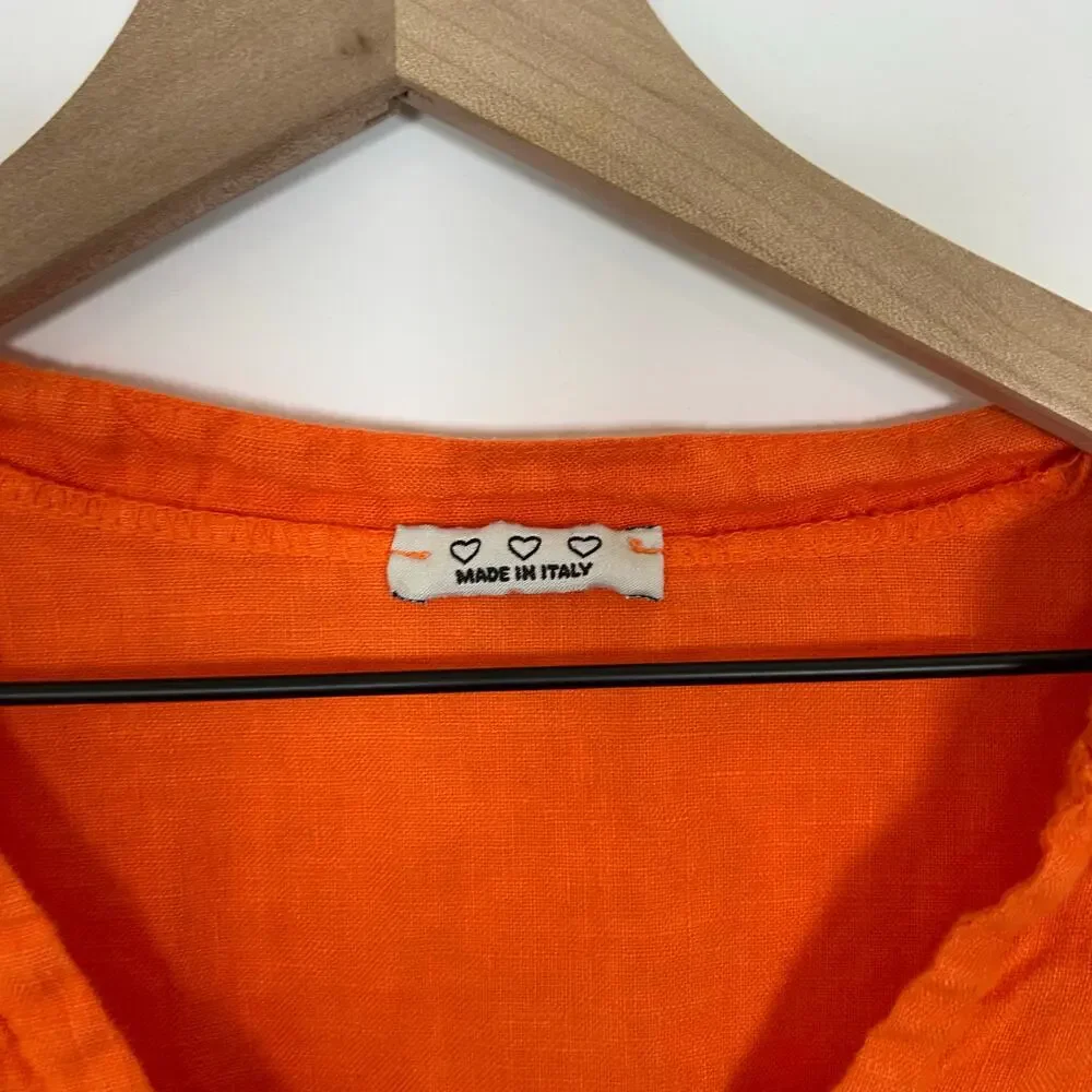 Italian 100% Linen Embroidered Orange Dress with Pockets Women’s One Size - Picture 2 of 7